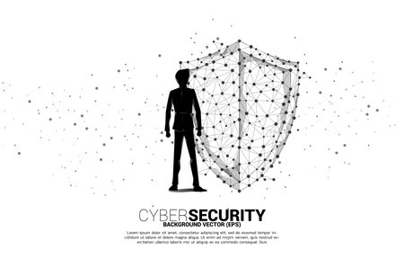 Vector Silhouette of businessman with Protection shield icon from dot connect line polygon network. concept of guard security and safetyのイラスト素材