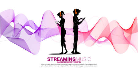 Vector silhouette man and woman with mobile phone and headphone and music sound wave . Concept background for song and concert theme.のイラスト素材