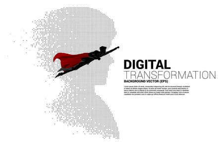 silhouette of superhero fly with head from pixel transformation . Concept background human future and technologyのイラスト素材