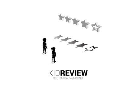 Silhouette boy and girl standing with 3D customer rating star. concept for client rating and ranking of kid.のイラスト素材