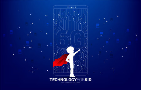 Silhouette of kid in superhero suit with 6G dot connect line circuit board style mobile phone icon....