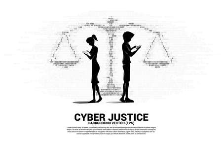 Silhouette of man and woman use mobile phone standing with Justice scale from one and zero binary code digit matrix style. Background Concept of cyber social judgmentのイラスト素材
