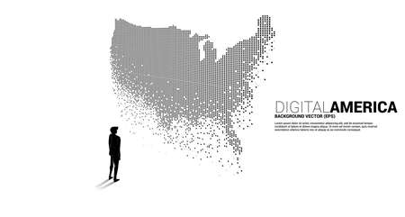 Vector Businessman standing with United States map from pixel square. Concept for America digital network connection.のイラスト素材