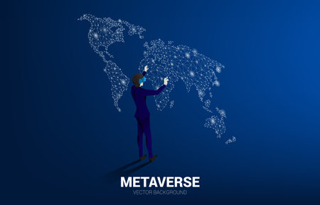 Silhouette businessman wear VR glasses with 3D world map. Concept of digital virtual reality technology and AR .のイラスト素材