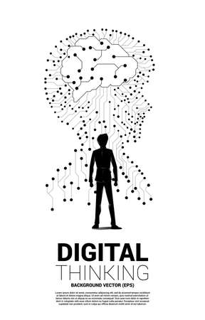 silhouette of businessman standing with man head from dot connect line circuit board style with with brain. Concept background human future and technologyのイラスト素材