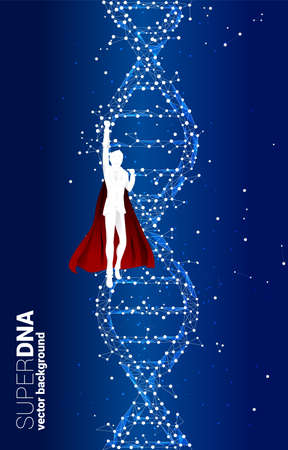 Silhouette of businessman in superhero flying with DNA genetic structure from dot connect line polygon. background concept for biotechnology and biology of super businessman.のイラスト素材