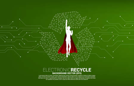 Silhouette of man in superhero suit flying with Recycle icon from dot connect line circuit board. background for take care and save the environment.のイラスト素材
