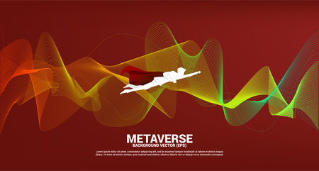 Vector Silhouette of businessman flying from Digital Contour curve dot and line and wave with wireframe . Concept for metaverse and VR technology .のイラスト素材