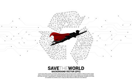 Silhouette of man in superhero suit flying with Recycle icon from dot connect line circuit board. background for take care and save the environment.のイラスト素材