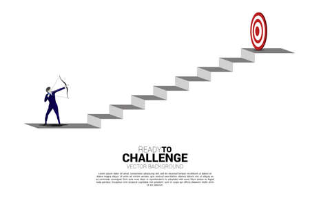 Businessman in suit shoot the arrow to target on step stair. Business Concept of marketing target and customer.のイラスト素材
