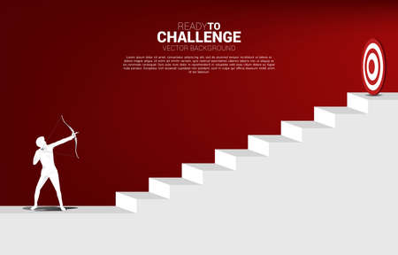 Businessman in suit shoot the arrow to target on step stair. Business Concept of marketing target and customer.のイラスト素材