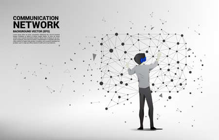 Silhouette businessman wear VR glasses with talk bubble icon with dot and line connections. Concept of digital virtual reality technology and AR .のイラスト素材
