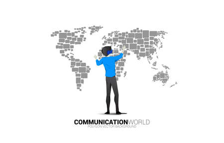 Silhouette businessman wear VR glasses with group of speech bubble icon shape to world map . concept of communication network in metaverse.のイラスト素材
