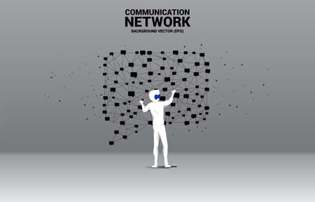 Silhouette businessman wear VR glasses with talk bubble icon with dot and line connections. Concept of digital virtual reality technology and AR .のイラスト素材