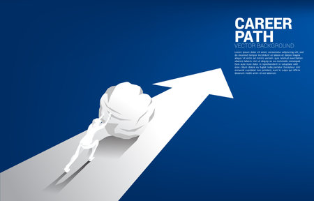 Silhouette of businessman pushing the rock on arrow. Concept of business challenge and work hard.のイラスト素材