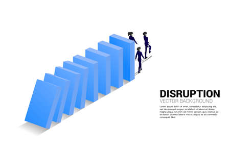 Silhouette of businessman and businesswoman walking from the end of domino collapse. Concept of business industry disruptのイラスト素材