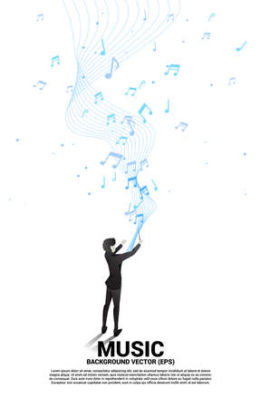 Vector silhouette of conductor standing with flying music note . Concept background for orchestra concert and recreation.のイラスト素材