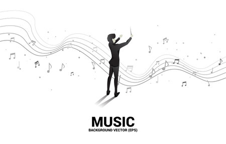 Vector silhouette of conductor standing with flying music note . Concept background for orchestra concert and recreation.のイラスト素材