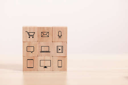 wooden blocks stack to square online marketing. Concept digital marketing and mobile commerce.の写真素材