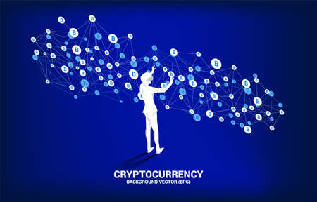 Silhouette man wear VR glasses with bitcoin icon from Polygon dot connect line. Concept for cryptocurrency technology and financial network connection.のイラスト素材