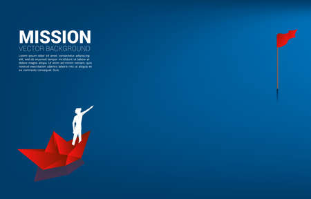 Silhouette of businessman standing and point ahead on paper ship move to goal. Business Concept of finding opportunity and goal vision mission.のイラスト素材