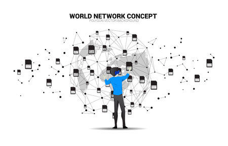 Silhouette man wear VR glasses and dot connect line and sim card icon. Concept for mobile sim card technology and network.のイラスト素材