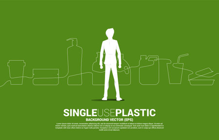 Silhouette of businessman standing with Single line display single use plastic icon. Silhouette of plastic bottle in life.のイラスト素材