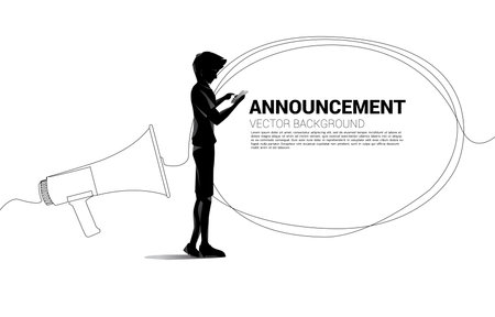 Silhouette businessman with mobile phone standing with Megaphone with talk bubble single line graphic style. Poster for announcement and communication template.のイラスト素材