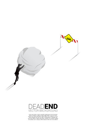 Silhouette of businessman pushing the rock to dead end signage . Concept of wrong decision in business or end of career path.のイラスト素材