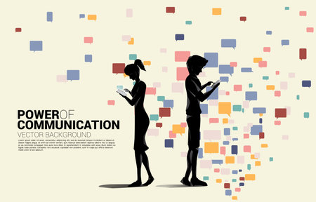 Silhouette of man and woman standing with Many Speech bubble flow random background. Background for power of comment and communication.のイラスト素材