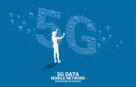 Silhouette man wear VR glasses and 5G from mobile sim card networking. Concept for mobile telecommunication global network.のイラスト素材
