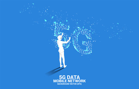 Silhouette man wear VR glasses Polygon dot connect line shaped 5G mobile networking. Concept of...