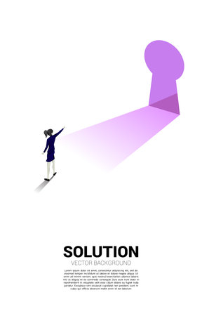 silhouette of businesswoman point finger to key hole door. Find the solution concept vision mission and goal of businessのイラスト素材