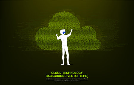 Silhouette man wear VR glasses with cloud binary code. Concept of digital virtual reality technology and AR .のイラスト素材