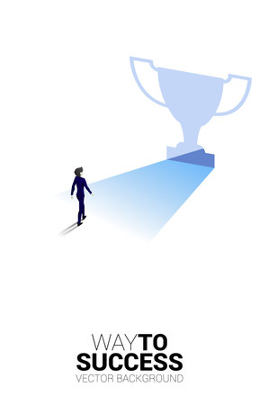 Silhouette businessman walking to light from exit door shape trophy. Business Concept of route to winner and championのイラスト素材