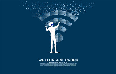 Silhouette businessman wear VR glasses with wi-fi mobile data icon with pixel transformation. Concept for data transfer of mobile and wi-fi data network.のイラスト素材
