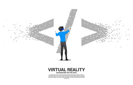 Silhouette man wear VR glasses software development programming tag with pixel style. Concept of digital virtual reality technology and AR .のイラスト素材