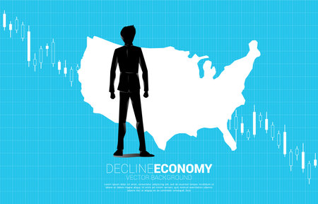 silhouette of businessman slip and downturn graph with USA map. Concept of decline economy in america.のイラスト素材