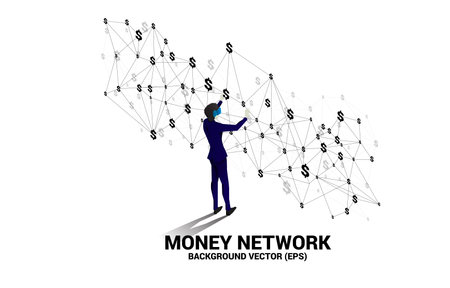 Silhouette man wear VR glasses with dollar icon from Polygon dot connect line. Concept for digital money technology and financial network connection.のイラスト素材
