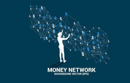Silhouette man wear VR glasses with dollar icon from Polygon dot connect line. Concept for digital money technology and financial network connection.のイラスト素材