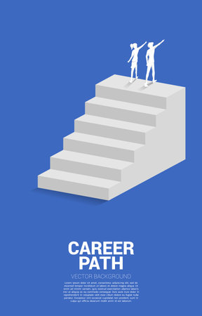 silhouette of businesswoman and businessman point finger on top bar graph with ladder. Concept of vision mission and goal of businessのイラスト素材