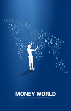 Silhouette man wear VR glasses with dollar icon from Polygon dot connect line on the world. Concept for digital money technology and financial network connection.のイラスト素材