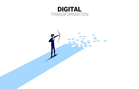 Businessman in suit shoot the arrow to target on the way with dot pixel. concept of digital transformation of business.のイラスト素材