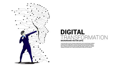 Businessman in suit shoot the arrow with man head from dot connect line circuit board style . Concept background human future and technologyのイラスト素材
