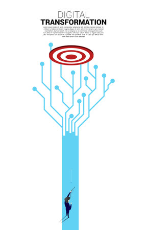 Businessman in suit shoot the arrow to target on the way with dot connect line circuit. concept of digital transformation of business.のイラスト素材