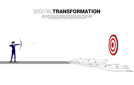Businessman in suit shoot the arrow to target on the way with dot connect line circuit. concept of digital transformation of business.のイラスト素材