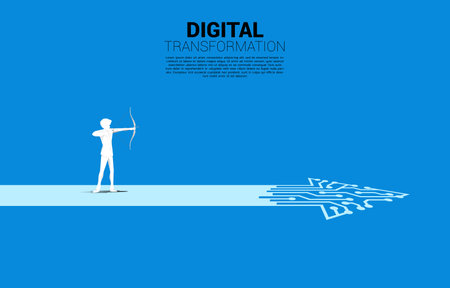 Businessman in suit shoot the arrow to target on the way with dot connect line circuit. concept of digital transformation of business.のイラスト素材