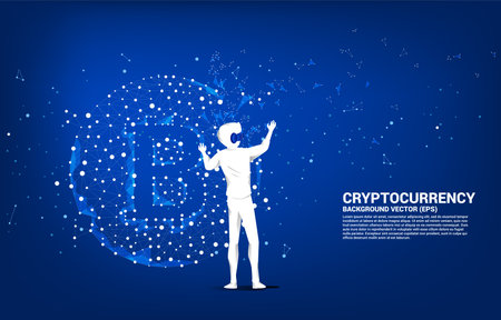 Silhouette man wear VR glasses with bitcoin icon from Polygon dot connect line. Concept for cryptocurrency technology and financial network connection.のイラスト素材