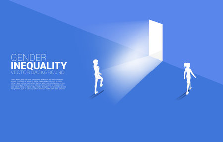 Businessman and businesswoman at the wall and the only man with the exit door.Concept of gender inequality in business and obstacle in woman career pathのイラスト素材