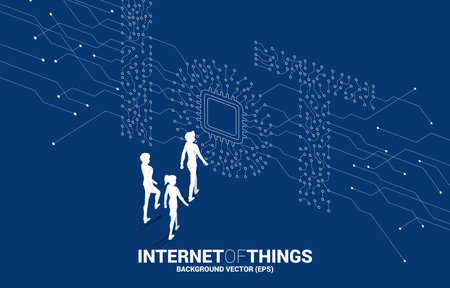Silhouette of businessman and businesswoman walking with CPU processor on center of IoT wording from Circuit dot and line graphic style. Concept for internet of Things Technology.のイラスト素材
